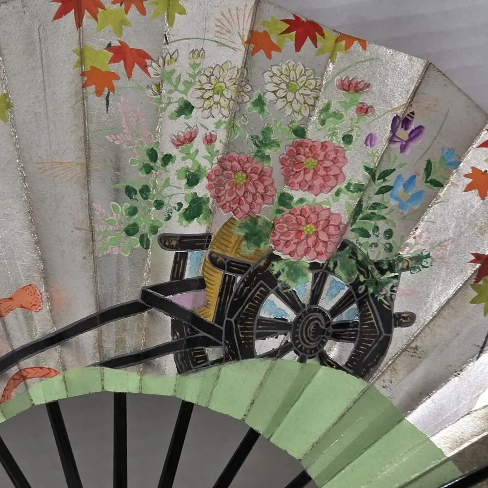 Vintage Oriental Folding Fan Floral Cart Design 19 1/2
